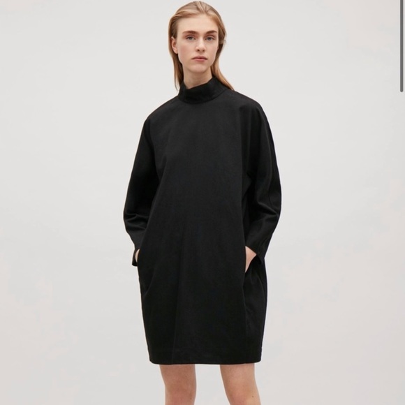 Black Long Sleeve Tie Back High Neck Dress, Cos, US4, UK10